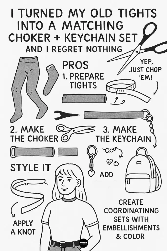 Step-by-step infographic showing how to turn old tights into a DIY choker and keychain set with scissors, measuring tape, and simple embellishments.