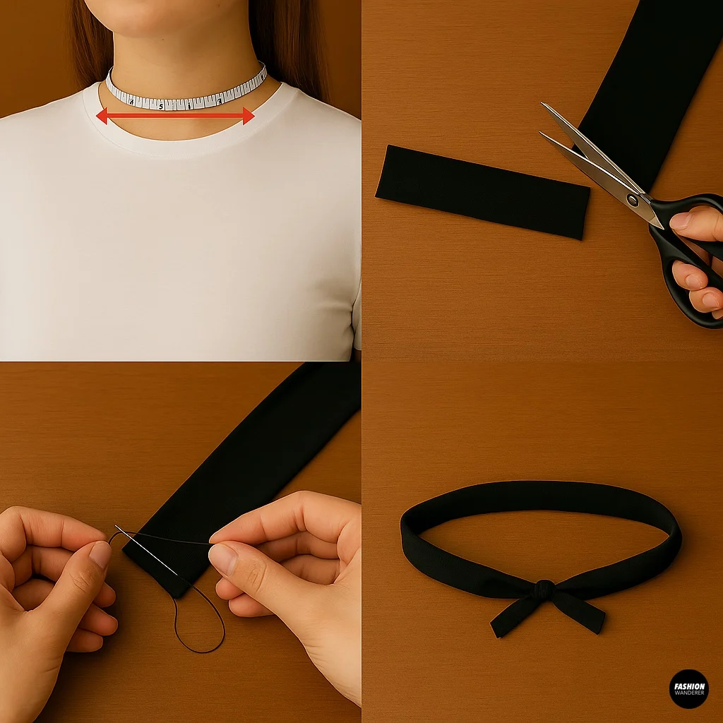 Step-by-step process of creating a DIY choker from tights, including measuring around the neck, cutting fabric, hand sewing, and finishing with a knot tie.