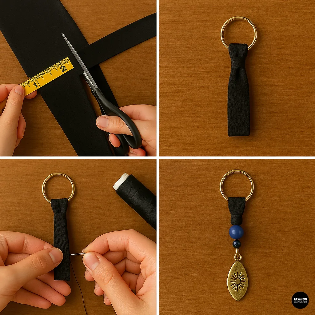 Step-by-step DIY keychain tutorial made from tights, showing how to cut a strip, attach it to a keyring, hand stitch, and add decorative beads.