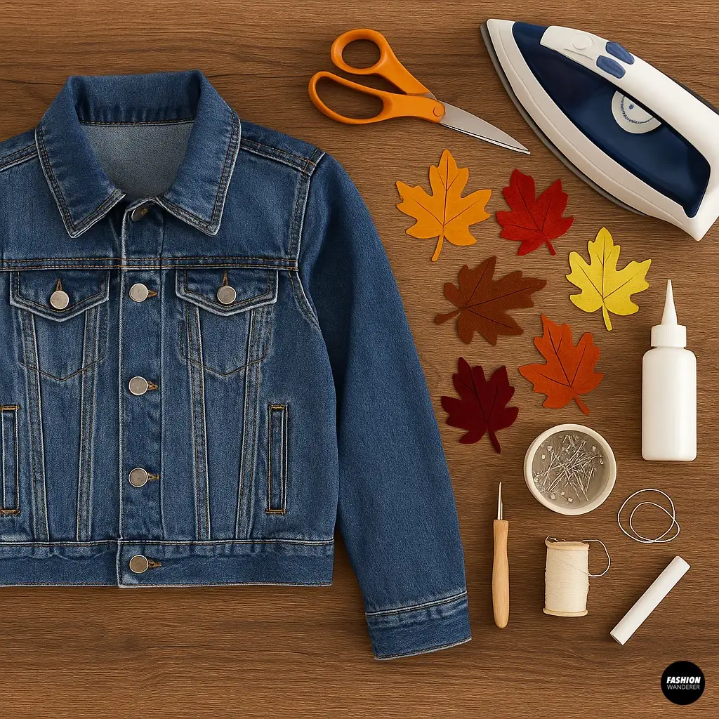 Flatlay photo of denim jacket DIY project materials on wood table, including blue denim jacket, colorful felt leaves, scissors, fabric glue, pins, chalk, sewing thread, and iron for autumn leaf customization.