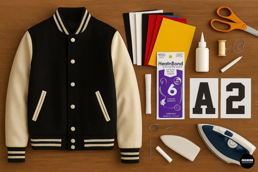 Flatlay of DIY varsity jacket patch-making materials including plain black jacket, colorful felt sheets, HeatnBond adhesive, scissors, chalk, needle, thread, fabric glue, and iron.