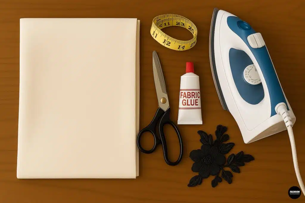 Flatlay of DIY tote bag materials on a wooden table including cream pillowcase, scissors, fabric glue, measuring tape, iron, and black floral embellishments.