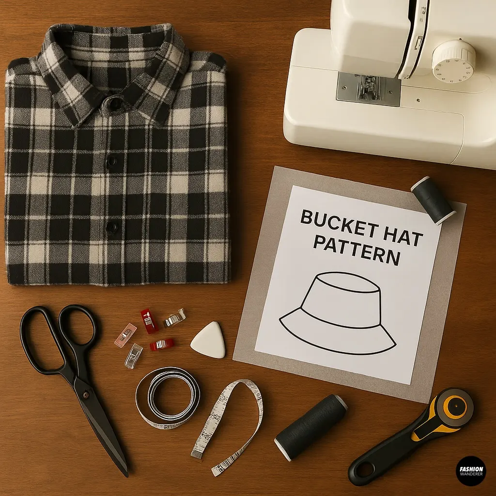 Flatlay of sewing materials for DIY plaid bucket hat including black and white plaid shirt, sewing machine, bucket hat pattern, scissors, thread, rotary cutter, clips, measuring tape, and tailor&rsquo;s chalk on wooden table.