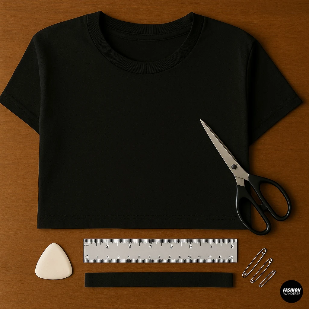 Flat lay of DIY cut-out backless top materials: black cropped T-shirt, fabric scissors, tailor&rsquo;s chalk, ruler, safety pins, and elastic strap on wooden background.