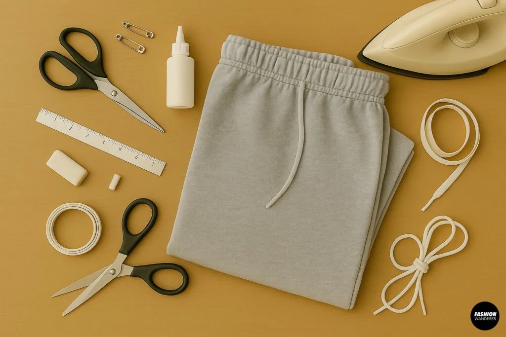 Flatlay photo of DIY no-sew materials on wood table including grey sweatpants, scissors, fabric glue, safety pins, ruler, elastic band, shoelaces, chalk, and iron for upcycling sweatpants into streetwear.