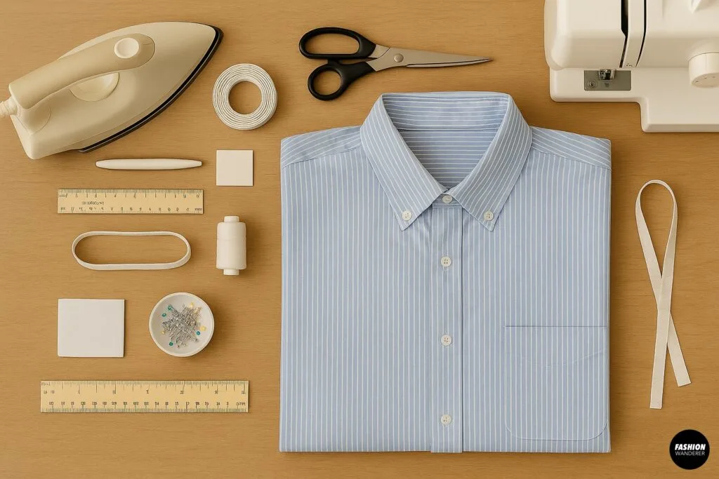 Flat lay photo of sewing materials to upcycle a men&rsquo;s button-up shirt, including striped shirt, scissors, thread, pins, elastic band, rulers, chalk, iron, and sewing machine on a wooden table.