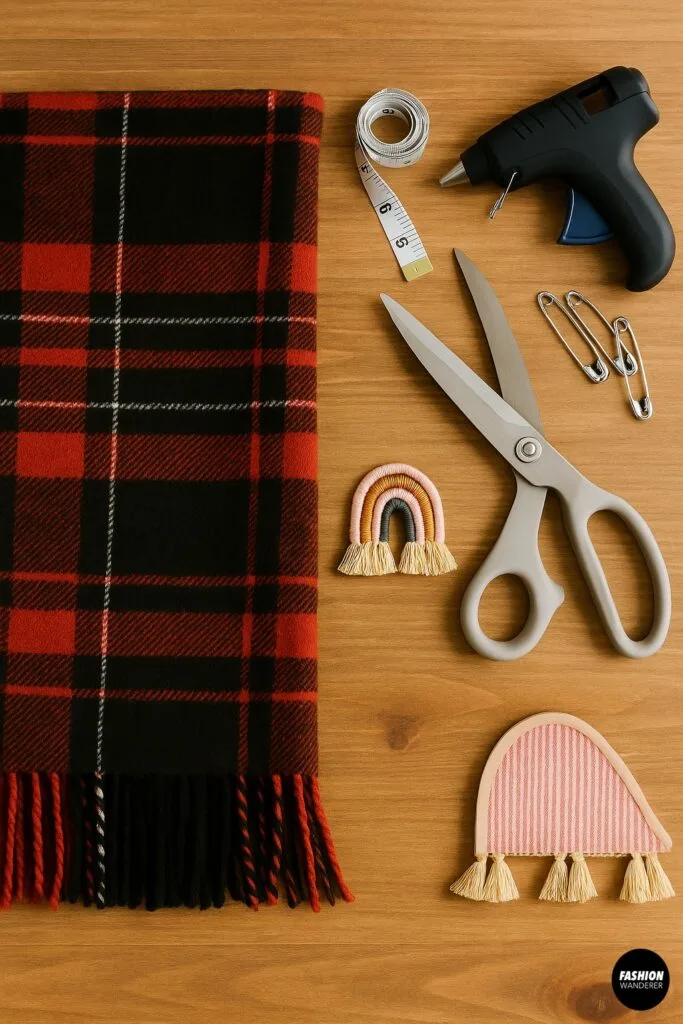 Flatlay of DIY no-sew poncho materials on wood table including red plaid blanket, scissors, glue gun, measuring tape, safety pins, and rainbow appliqu&eacute; trims.