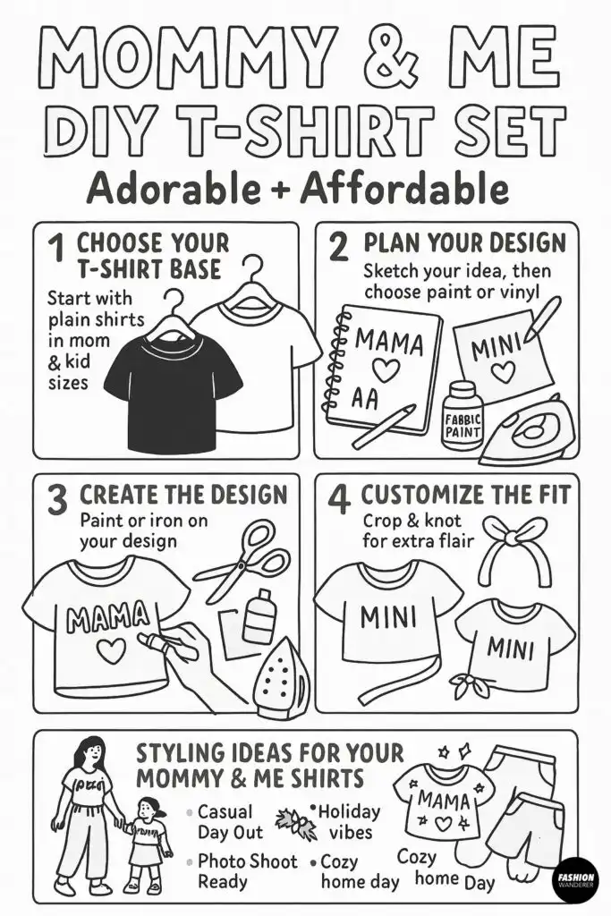 Black-and-white infographic showing step-by-step guide for Mommy & Me DIY T-shirt set with instructions for choosing a T-shirt, planning the design, creating with paint or vinyl, customizing fit, and styling tips.