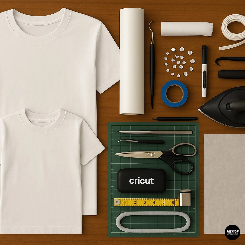 Flatlay of DIY Mommy & Me T-shirt materials on wood table including plain shirts, Cricut cutting machine, scissors, vinyl, weeding tools, rhinestones, iron, painter&rsquo;s tape, parchment paper, and measuring tape.