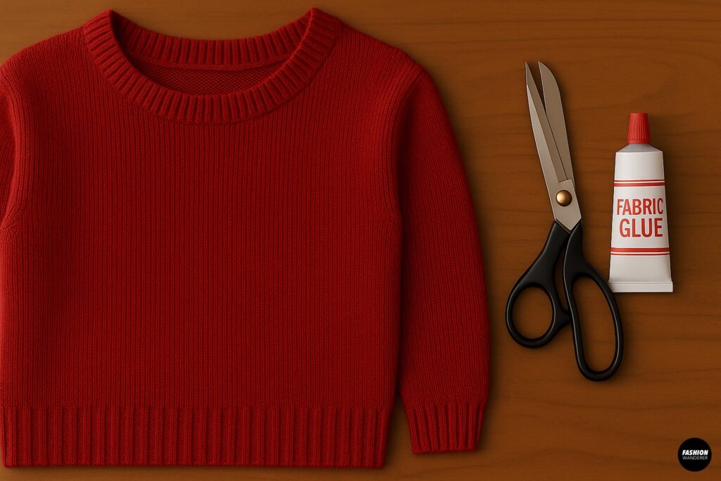 Flatlay of DIY no-sew beanie materials featuring a red knit sweater, fabric scissors, and fabric glue on a wooden table.