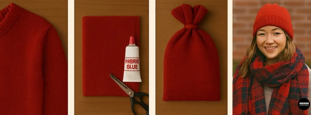 Step-by-step collage showing how to repurpose an old red sweater into a no-sew beanie using fabric glue, modeled with a plaid scarf for a cozy winter look.