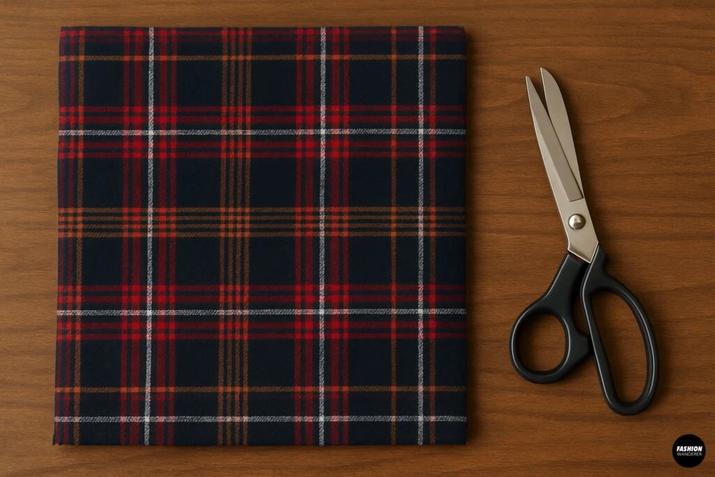 Flatlay of plaid flannel fabric and fabric scissors on a wooden table, prepared for a no-sew DIY blanket scarf project.