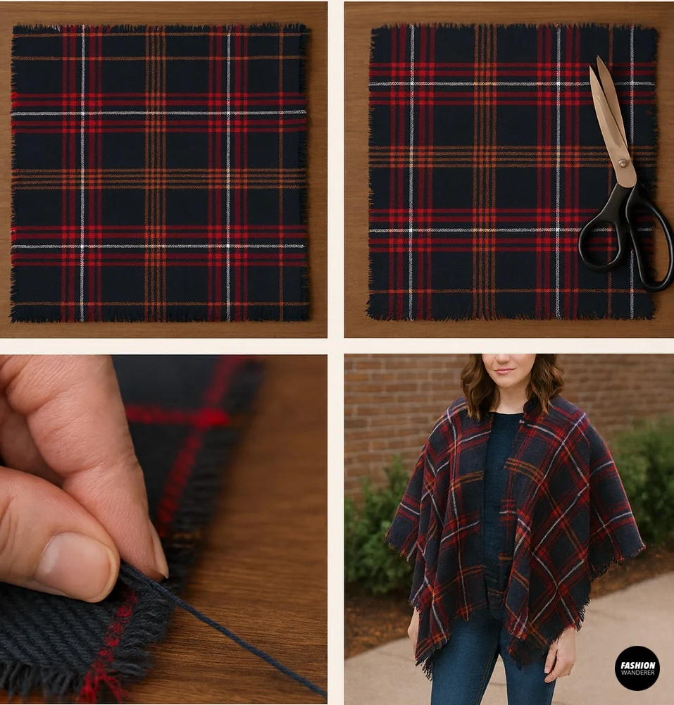 DIY photo collage showing how to cut and fray plaid flannel edges, create raw fringe, and style the finished no-sew blanket scarf on a woman.