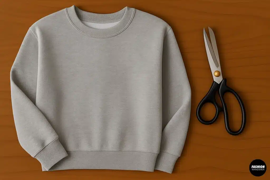 Flat lay of no-sew cropped hoodie materials including gray sweatshirt and fabric scissors on a wooden table.