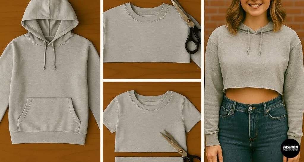Step-by-step no-sew cropped hoodie tutorial collage showing a gray hoodie before cutting, cropped sweatshirt with scissors, and final styled cropped hoodie worn with high-waisted jeans.