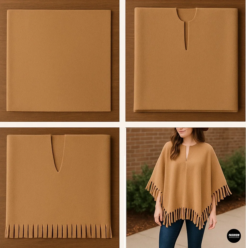 Step-by-step DIY photo tutorial showing how to fold camel fleece, cut a neckline and slit, add fringe, and style the finished no-sew poncho on a model.