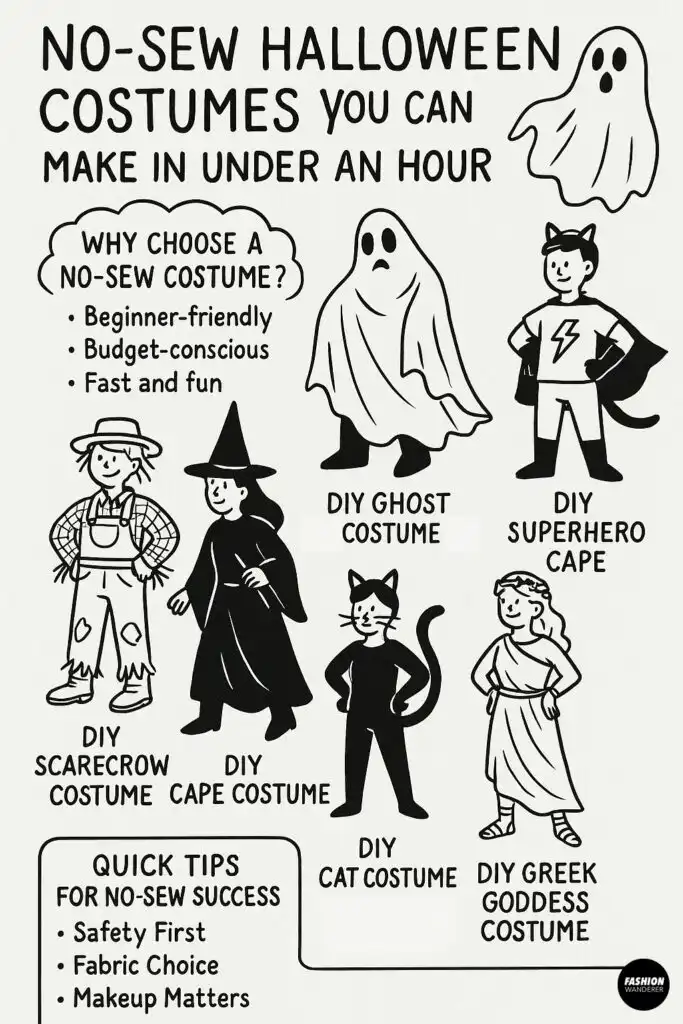 Black and white infographic featuring easy no-sew Halloween costumes you can make in under an hour, including DIY ghost, superhero, scarecrow, witch cape, cat, and Greek goddess outfits, with quick tips for fabric, safety, and makeup.