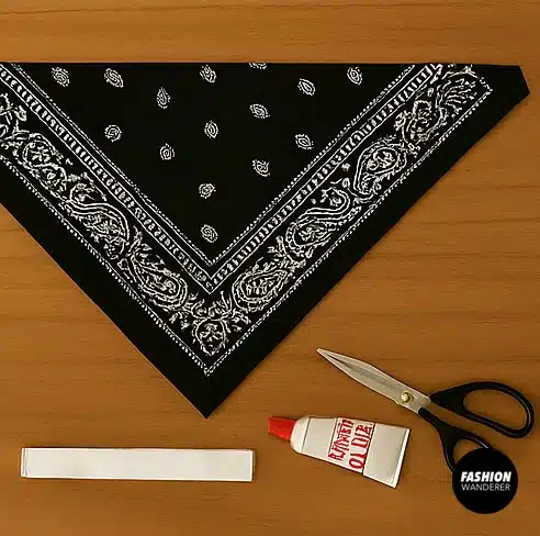 Flat lay of DIY scarf halter top materials including a black paisley bandana, fabric scissors, glue, and strap fabric.