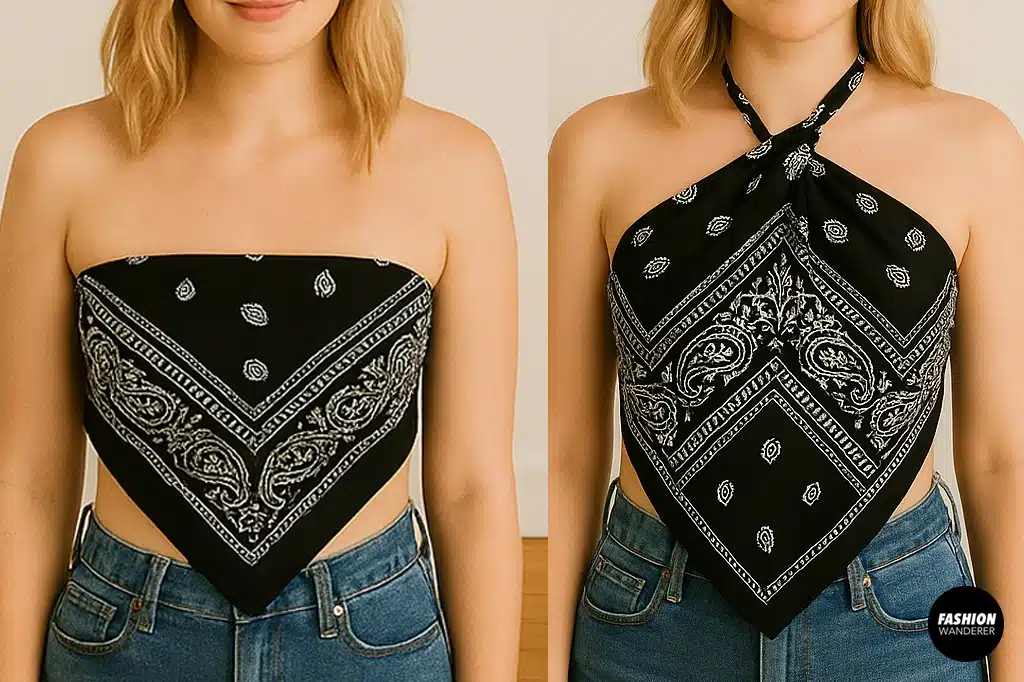 Side-by-side images showing how to tie and style a black paisley scarf into a trendy no-sew halter top.