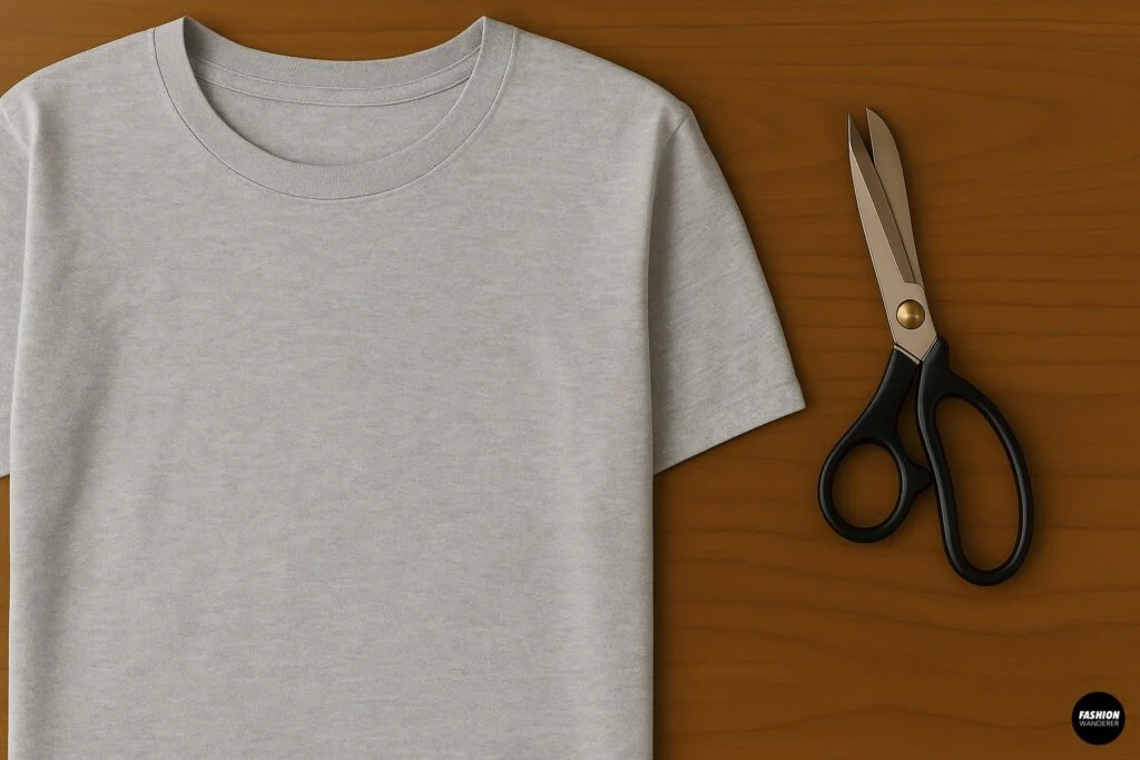 Flatlay of DIY no-sew infinity scarf materials showing a light grey T-shirt and a pair of fabric scissors on a wooden surface.