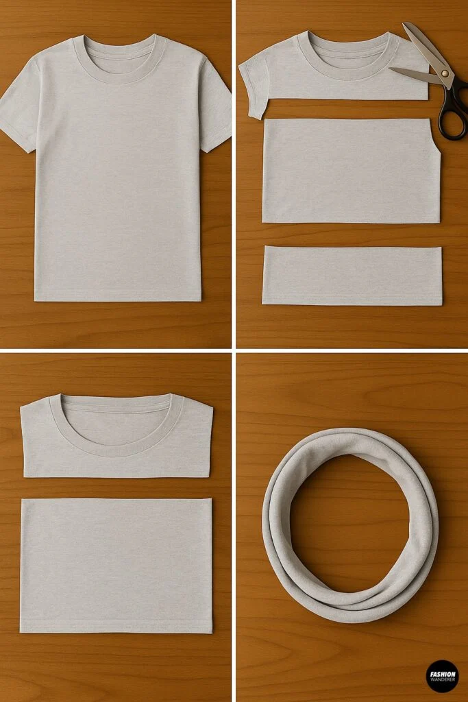 Step-by-step collage demonstrating how to cut and repurpose a grey T-shirt into a no-sew infinity scarf, with final circular scarf ready to wear.