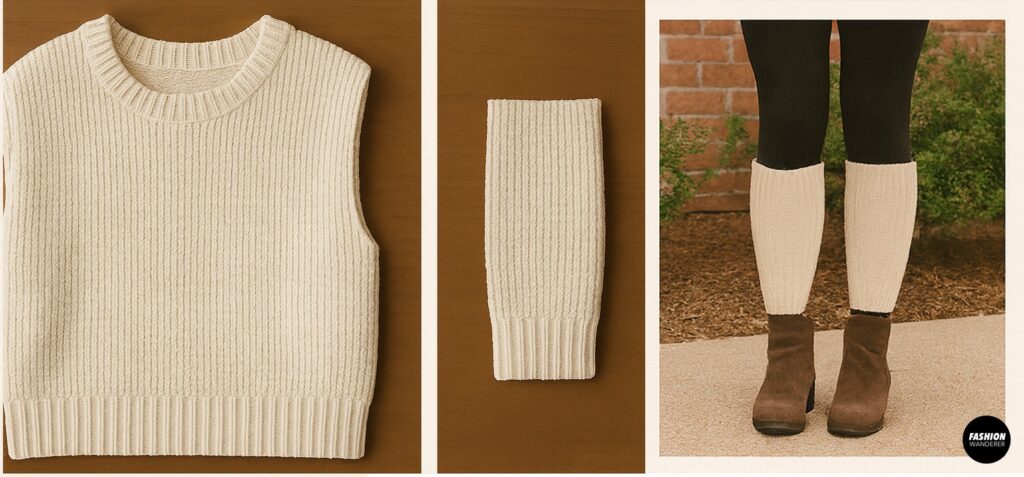 DIY tutorial photo collage showing how to cut sweater sleeves into no-sew leg warmers and style them over leggings with ankle boots.