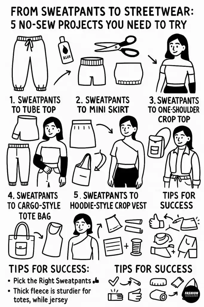 Black and white hand-drawn Pinterest infographic showing 5 no-sew DIY sweatpants upcycles into streetwear, including tube top, mini skirt, one-shoulder crop top, tote bag, and hoodie-style crop vest with step-by-step sketches.