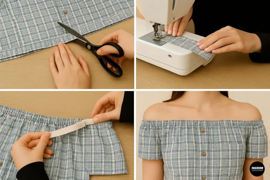 Step-by-step tutorial for making a DIY off-the-shoulder blouse from a men&rsquo;s button-up shirt, showing cutting, sewing an elastic casing, inserting elastic, and the finished off-shoulder top.