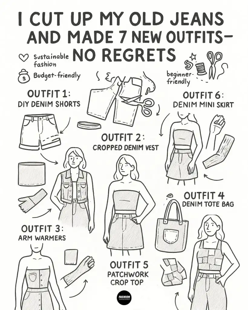 Hand-drawn Pinterest infographic showing seven DIY denim upcycle projects: shorts, vest, tube top, arm warmers, mini skirt, patchwork crop top, and tote bag.