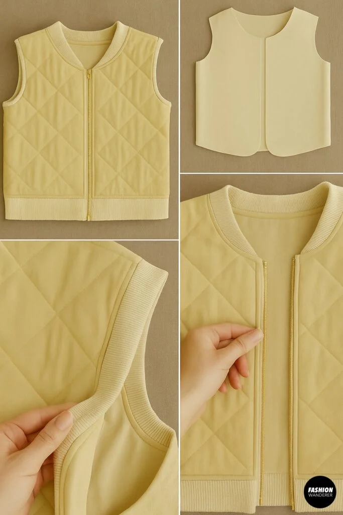 Quilted vest turned inside-out with optional lining pinned in place, ready for hand-finishing or machine stitching for a clean interior.