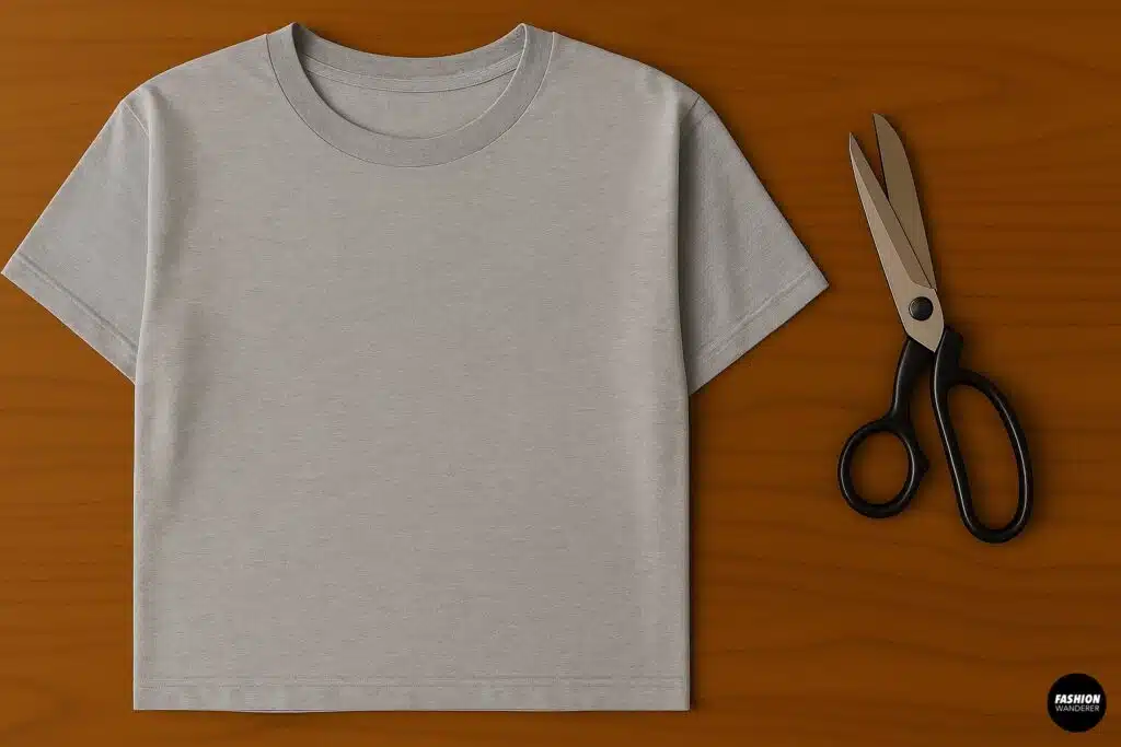 Flat lay of DIY no-sew tube top materials including oversized gray T-shirt and black fabric scissors on a wooden table.