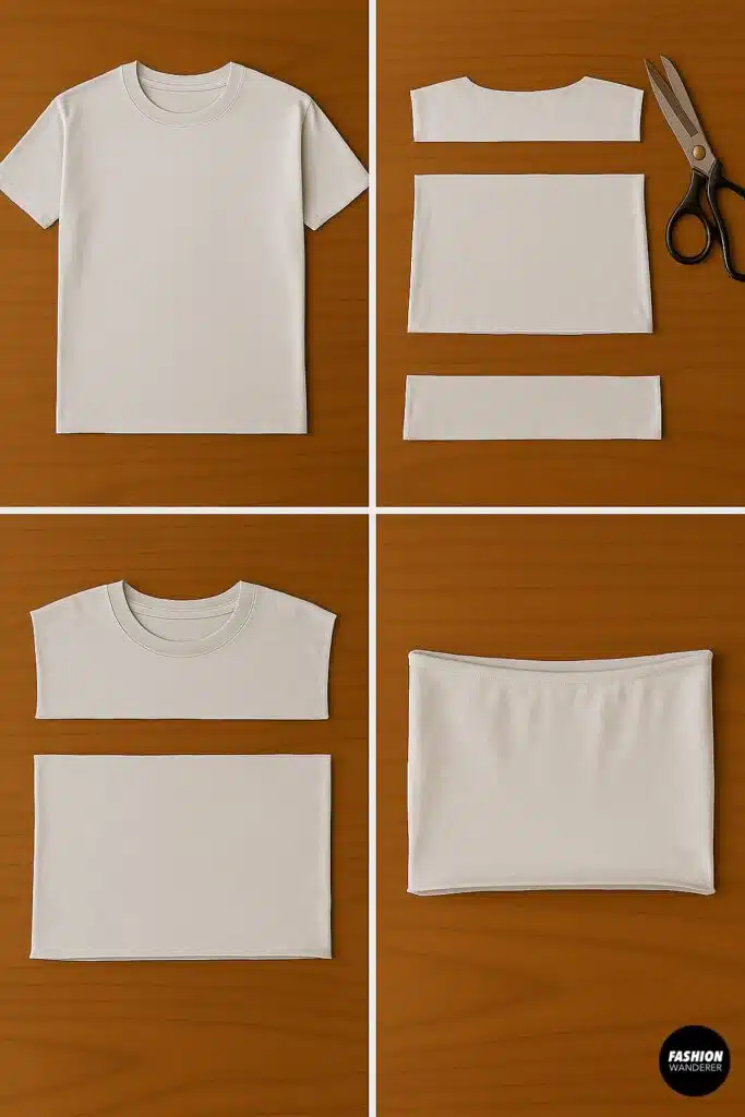 Step-by-step collage showing how to cut an oversized T-shirt into a no-sew strapless tube top using fabric scissors.