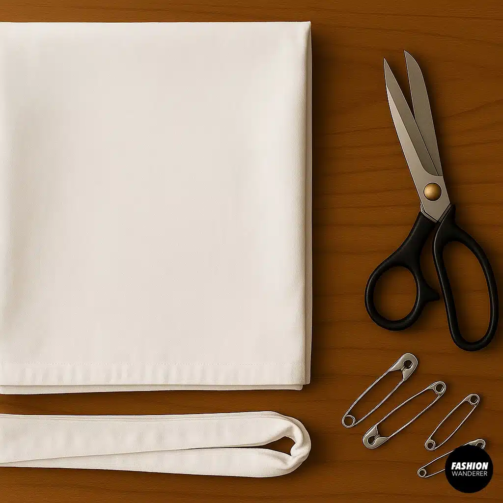 Flat lay of DIY no-sew mini skirt materials with white pillowcase, scissors, and safety pins on a wooden table.