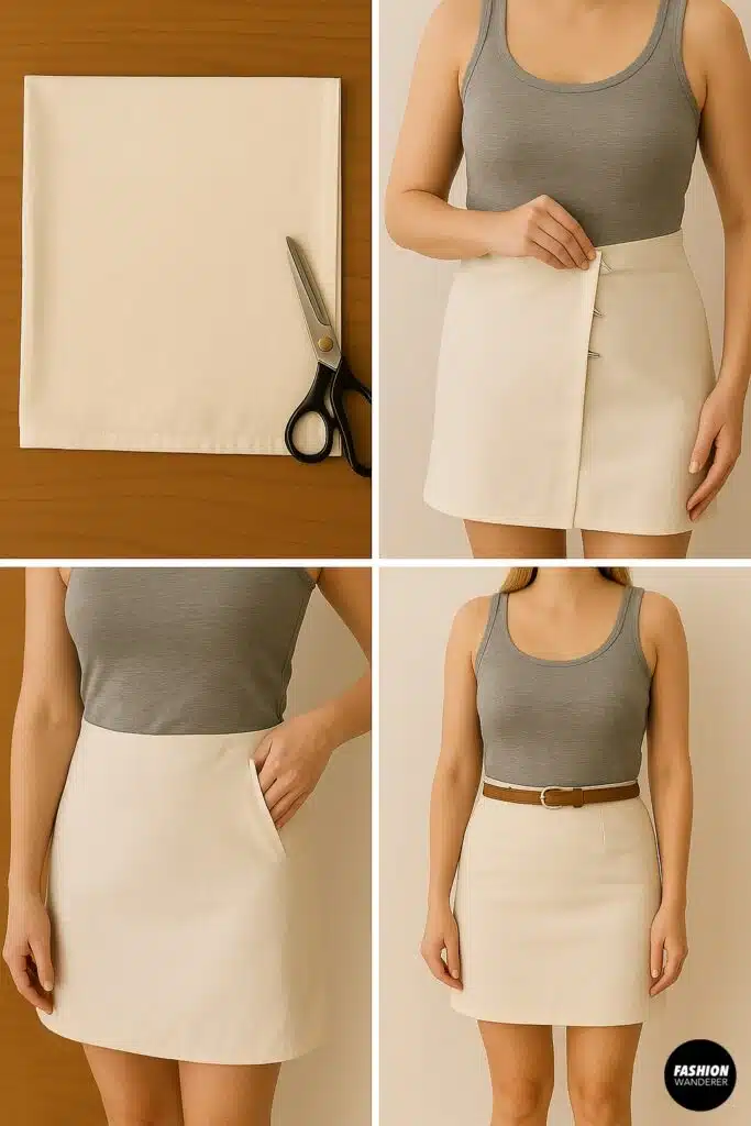 Step-by-step collage showing how to cut, wrap, and style a pillowcase into a chic no-sew mini skirt with a belt.