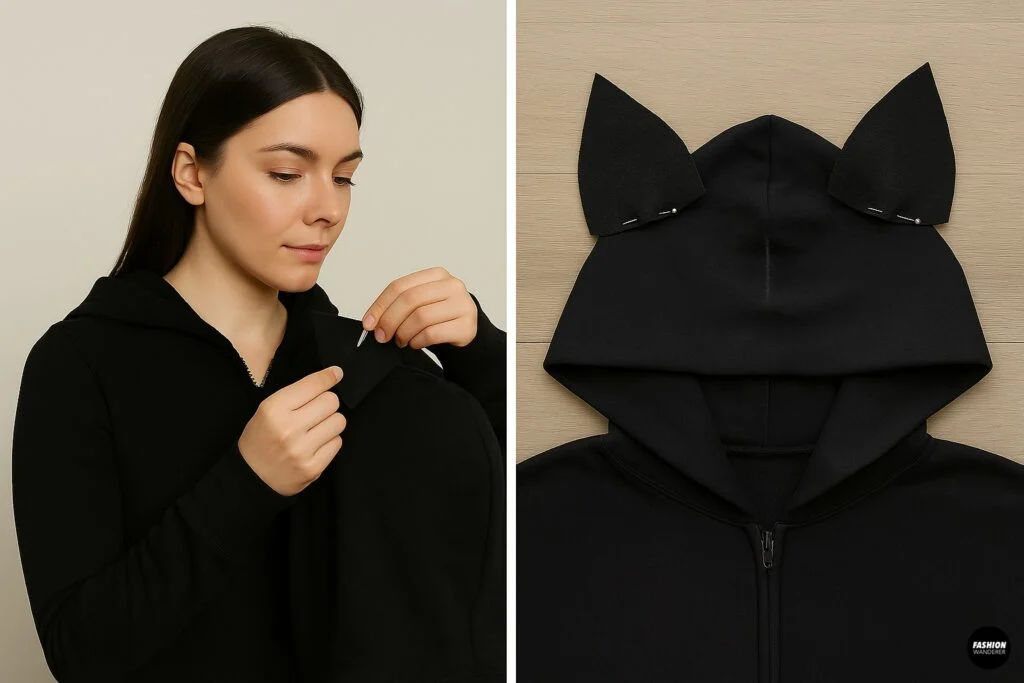 Step-by-step images showing a woman pinning black fabric cat ears onto the hood of a black hoodie before sewing them in place.