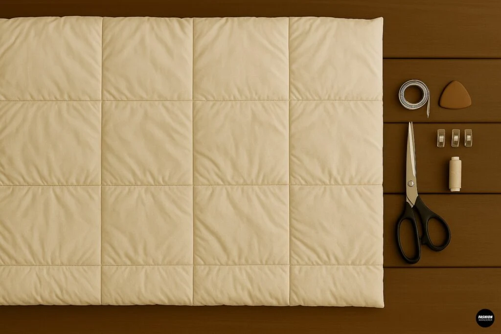 Top-down of a quilted duvet and sewing tools on a wood tabletop, showing how to prep and smooth the duvet before cutting for a DIY vest.