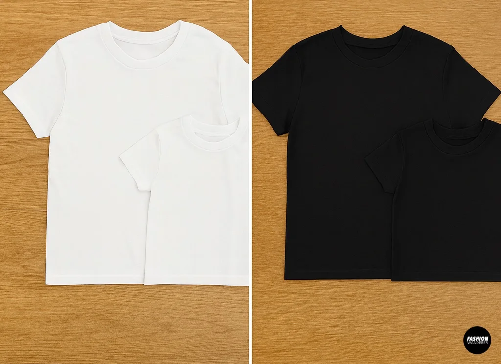 White and black plain cotton T-shirts for adults and kids laid flat on a wooden surface, ready for DIY Mommy & Me T-shirt craft projects.