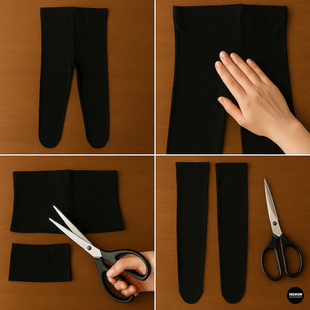 Tutorial photo collage showing how to prepare old black tights by flattening, cutting into sections, and getting strips ready for DIY accessories.