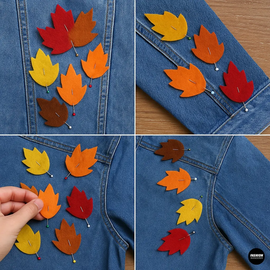 Close-up collage of denim jacket with felt leaves pinned onto sleeves, back, and shoulders using sewing pins before stitching or gluing, showing secure placement step in DIY tutorial.