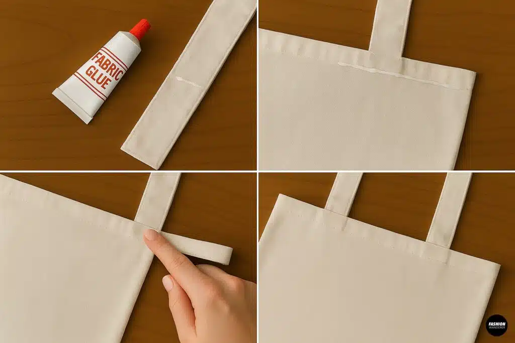 Step-by-step tutorial collage showing fabric glue applied to raw edges of a pillowcase to prevent fraying in a DIY tote bag project.