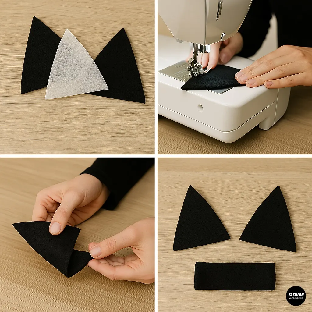 Step-by-step tutorial images showing sewing two fabric triangles together with a sewing machine and hand-finishing to create DIY cat ears for a hoodie.