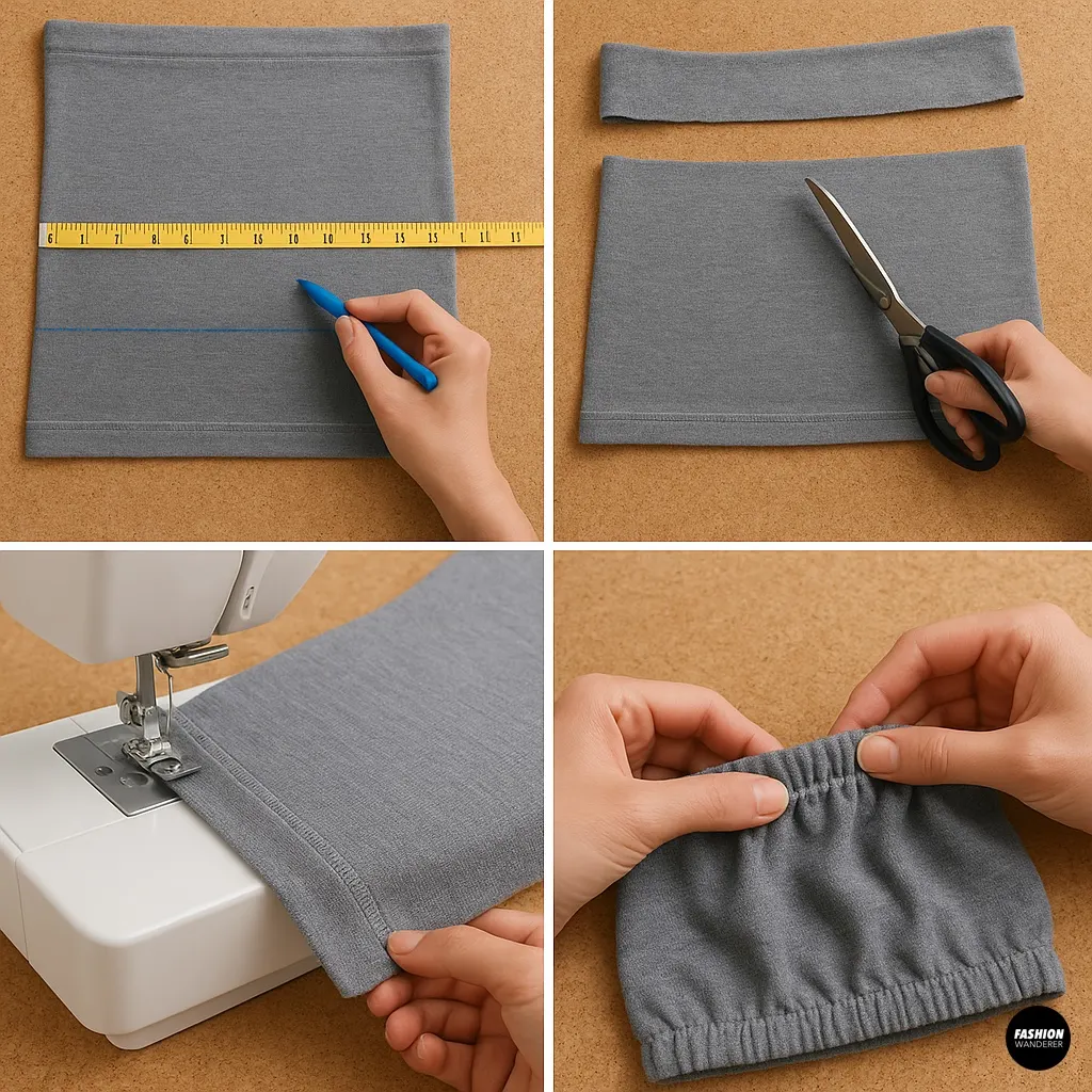 DIY sewing process of shaping and hemming a grey tube top from sweatpants with ruler, chalk, cutting, sewing machine, and elastic finish for a snug fit.