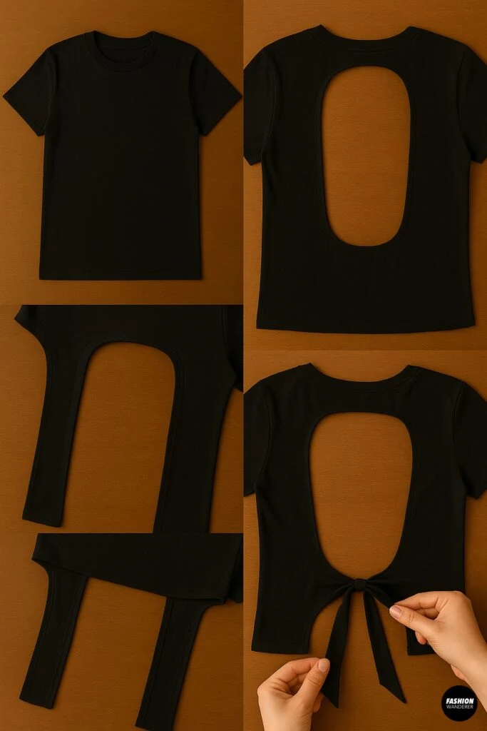 Step-by-step instructions for shaping straps on a DIY cut-out backless T-shirt, with extra fabric tied into a bow at the back.