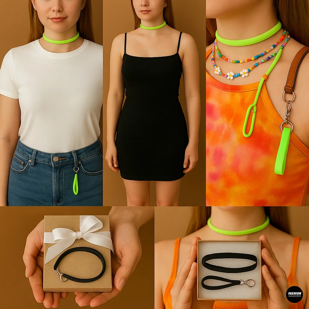 Lifestyle collage showing different ways to style DIY choker and keychain sets from old tights, including neon green chokers, casual outfits, gift packaging, and jewelry box presentation.