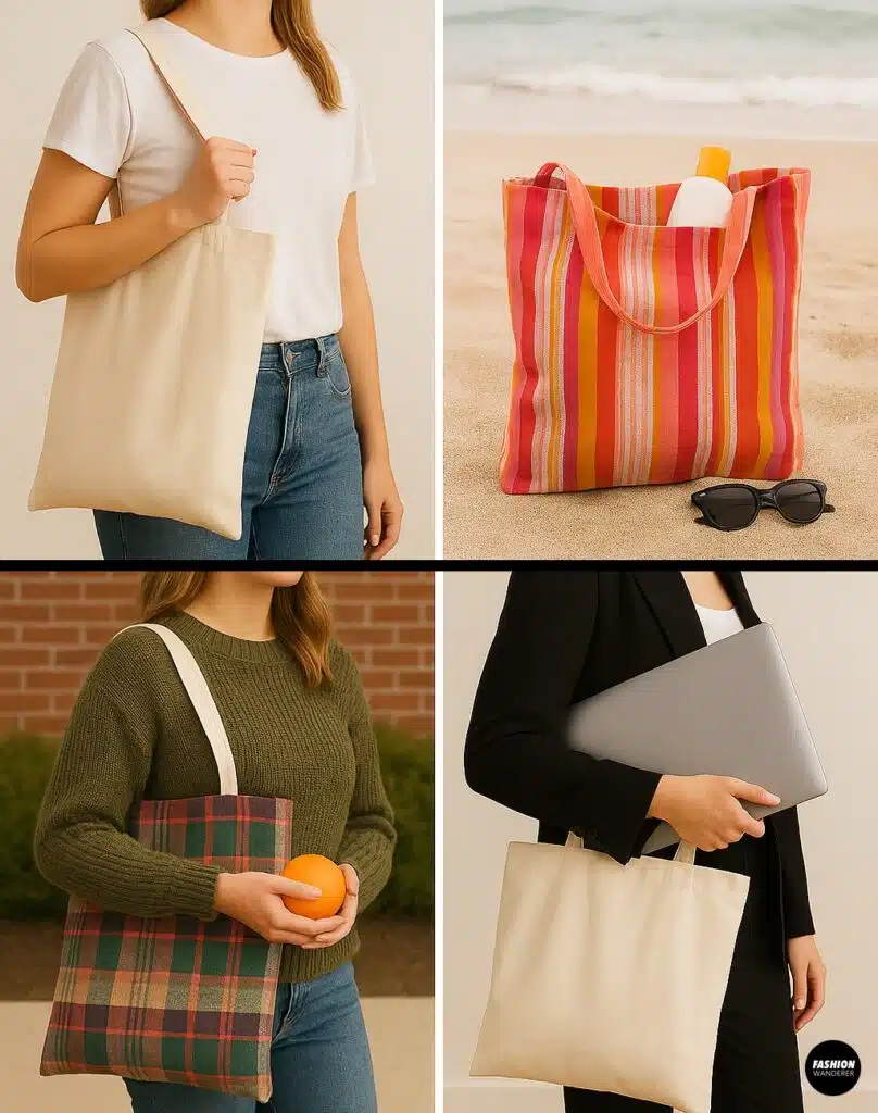 Collage of styling ideas for DIY pillowcase tote bag including casual errands, beach day, farmers market, and work bag looks.