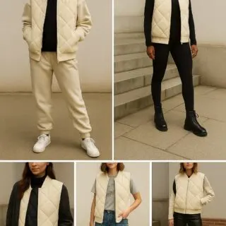 Collage of street-style looks featuring a puffy bomber vest — layered with hoodies, turtlenecks, joggers and jeans for casual outfit inspiration.