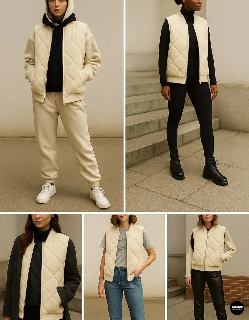 Collage of street-style looks featuring a puffy bomber vest — layered with hoodies, turtlenecks, joggers and jeans for casual outfit inspiration.