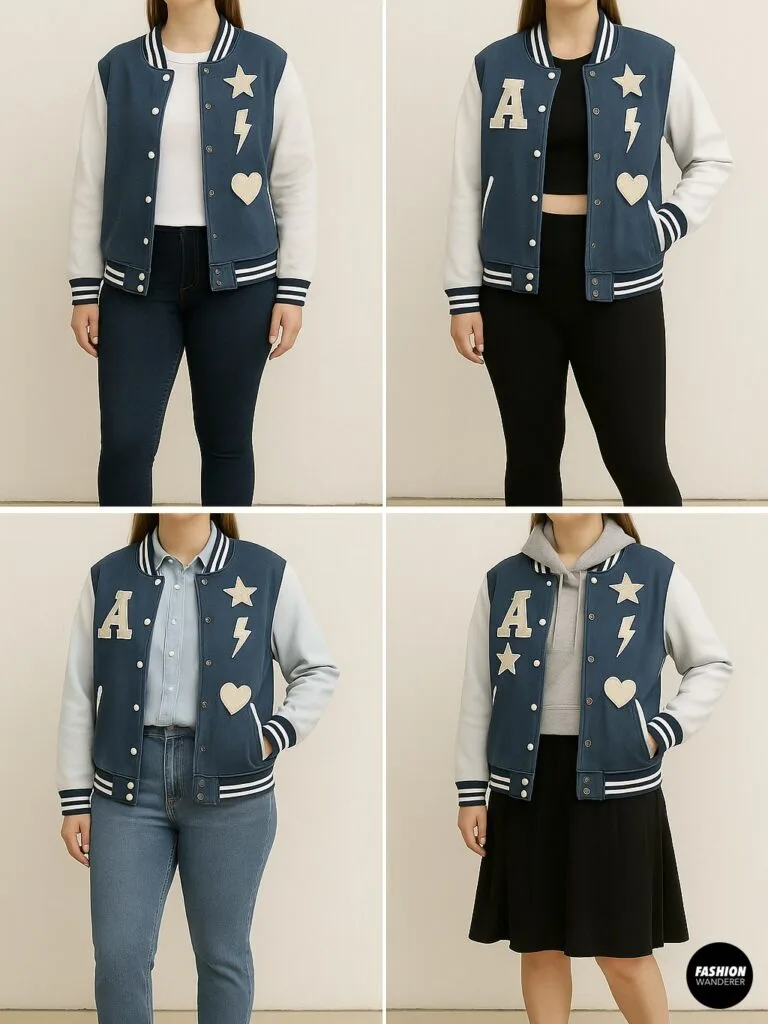 Women modeling styled varsity jackets with DIY felt patches including stars, letters, hearts, and lightning bolts paired with jeans, skirts, and hoodies.