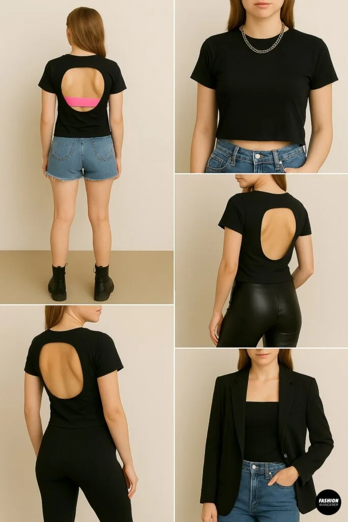 Outfit styling ideas for DIY cut-out backless T-shirt, paired with denim shorts, faux leather leggings, and casual blazer.
