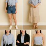 Collage of styling ideas for DIY upcycled button-up shirt tops, including casual tie shirt with shorts, off-the-shoulder blouse with maxi skirt, cropped shirt with blazer for office wear, and plaid tube top with cargo pants.